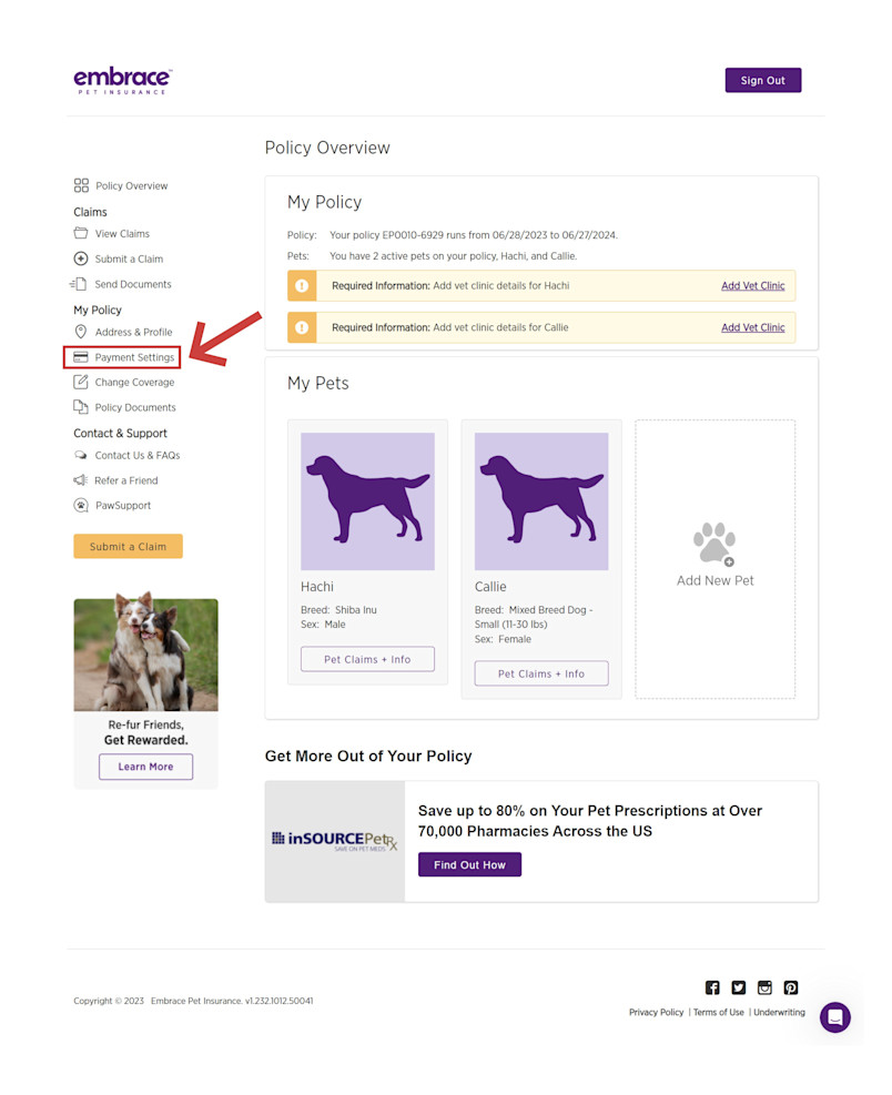 Step 1 in Updating Billing Information and in Claiming Reimbursement Methods is to log in to your MyEmbrace customer account and select My Payment Settings from the Quick Links menu.