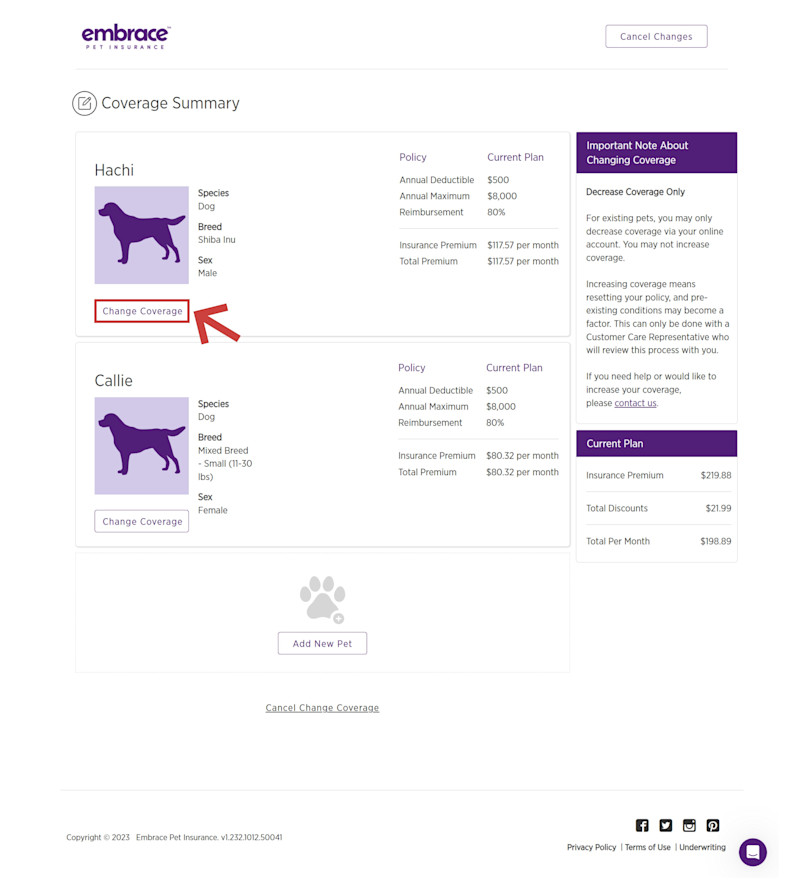 Two pets are shown in the image below. Select the pet to change coverage for the one you'd like to update.