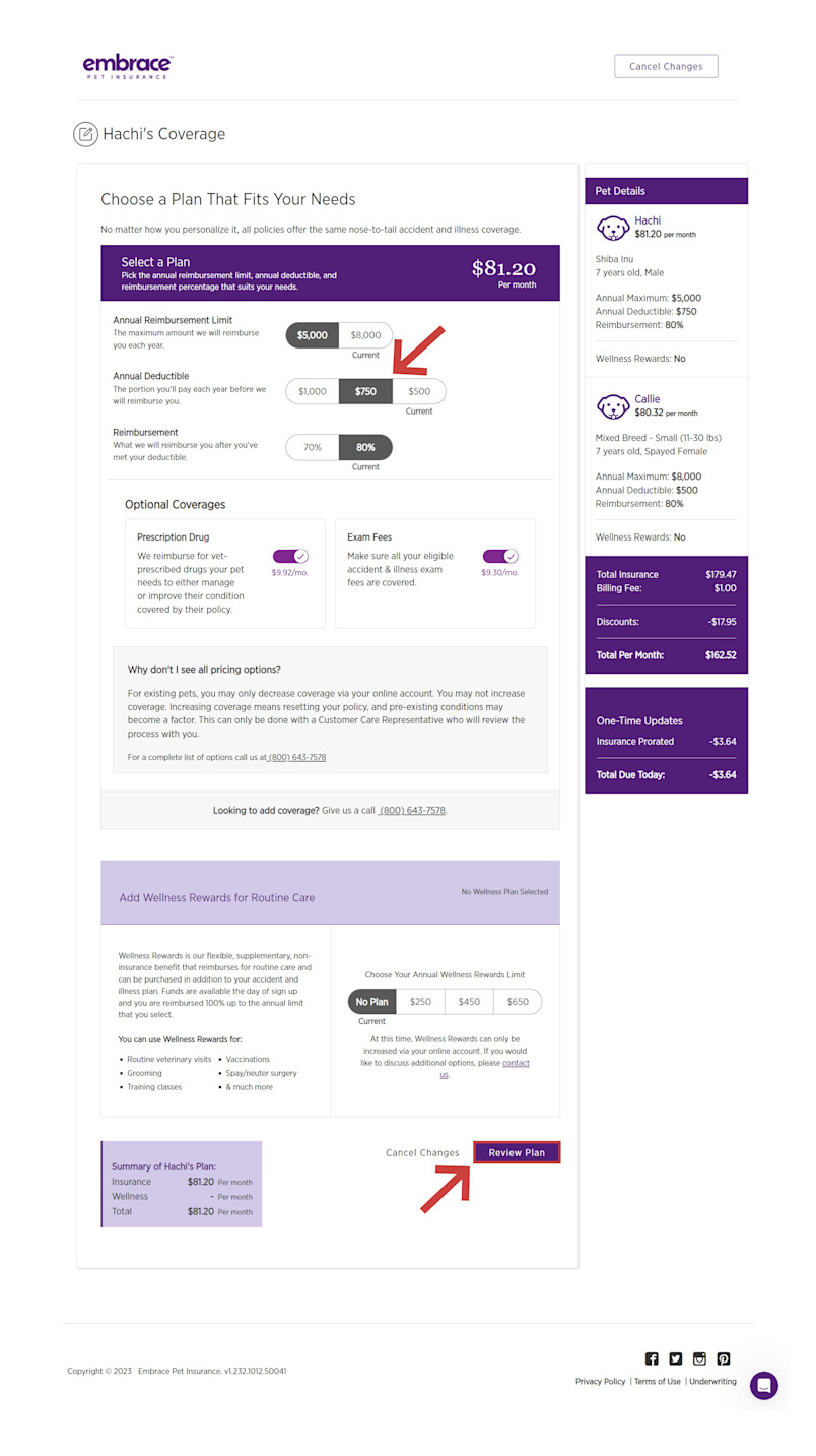 The image displays coverage options for your pet, showing the new premium with any changes. Current coverage is labeled for easy comparison, and you can adjust options like annual maximum, reimbursement percentage, deductible, or add Wellness Rewards.