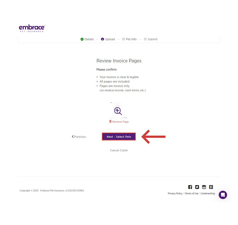 Confirm the invoice upload is legible and complete, then select next -select pets.