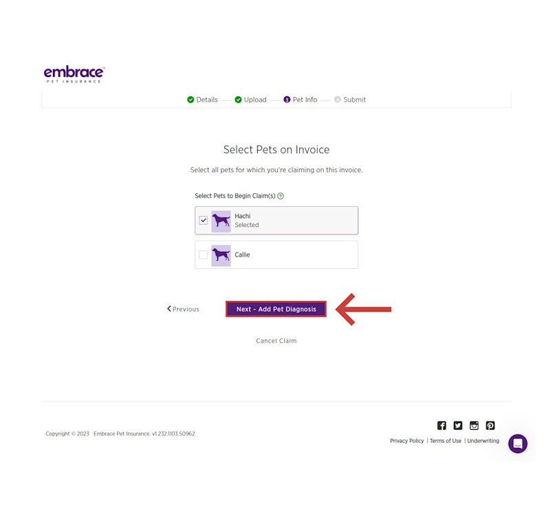 Select the insured pets who are on the invoice you are claiming for. Select Next - Add Pet Diagnosis, in this case it is our pet Hachi, so we select Hachi to submit our claim.