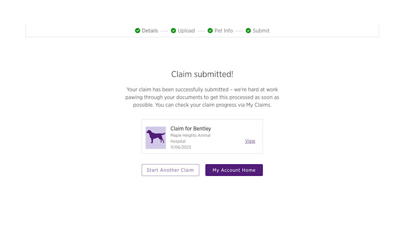 From here, you can submit another claim by selecting Start Another Claim