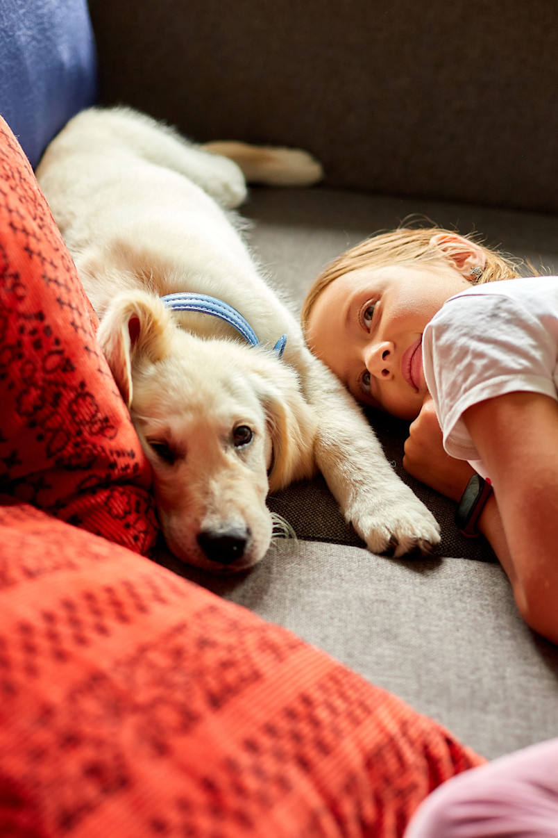 Owner laying with dog